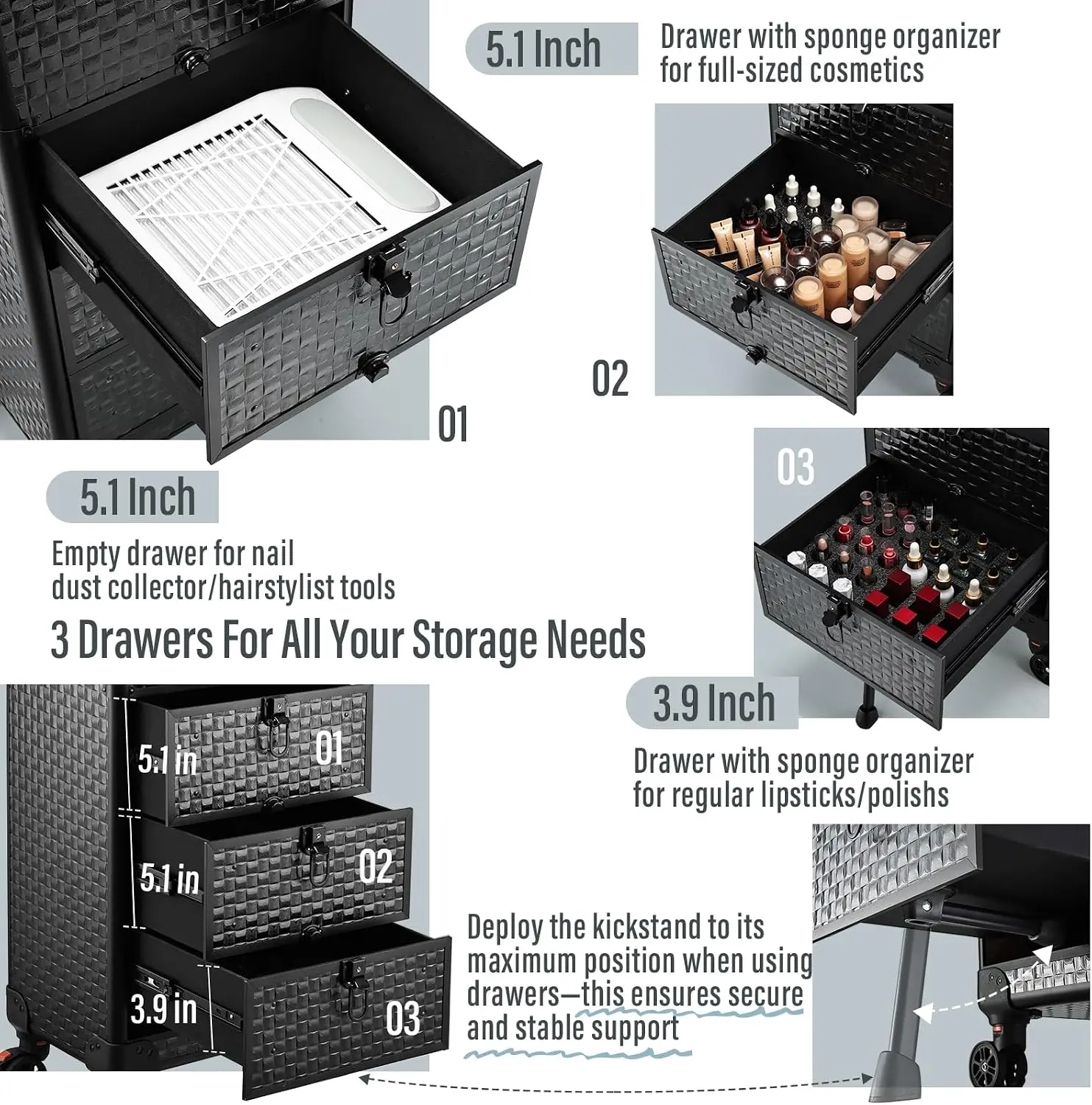 Rolling Salon Cart with 3 Drawers, Wheeled Nail Trolley & Makeup Train Case Organizer for Nail Technicians, SPA, Face Painting, Hairstylists and Makeup Artists view 3