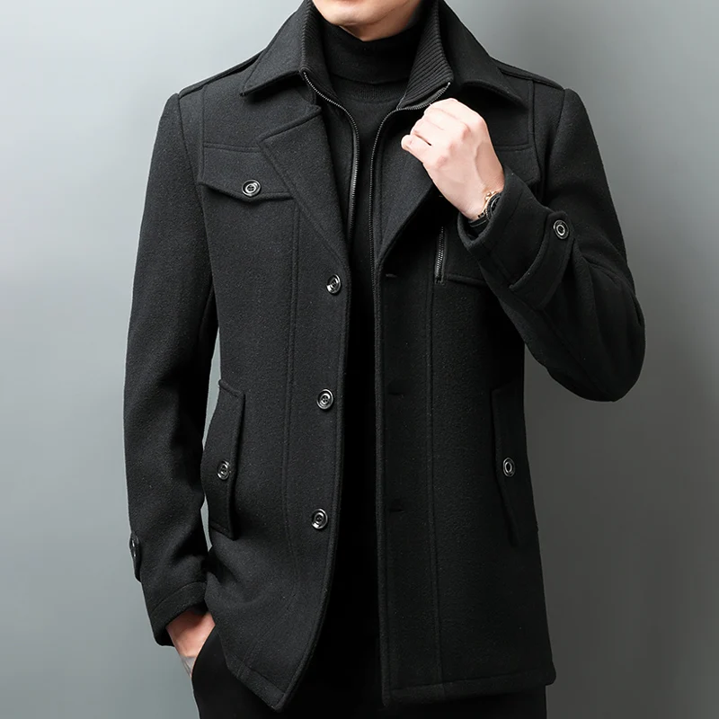 The Main Promotion of New Explosive Autumn and Winter New Mid-length Woolen Jacket Solid Color Patterned Slim Men\'s Coat