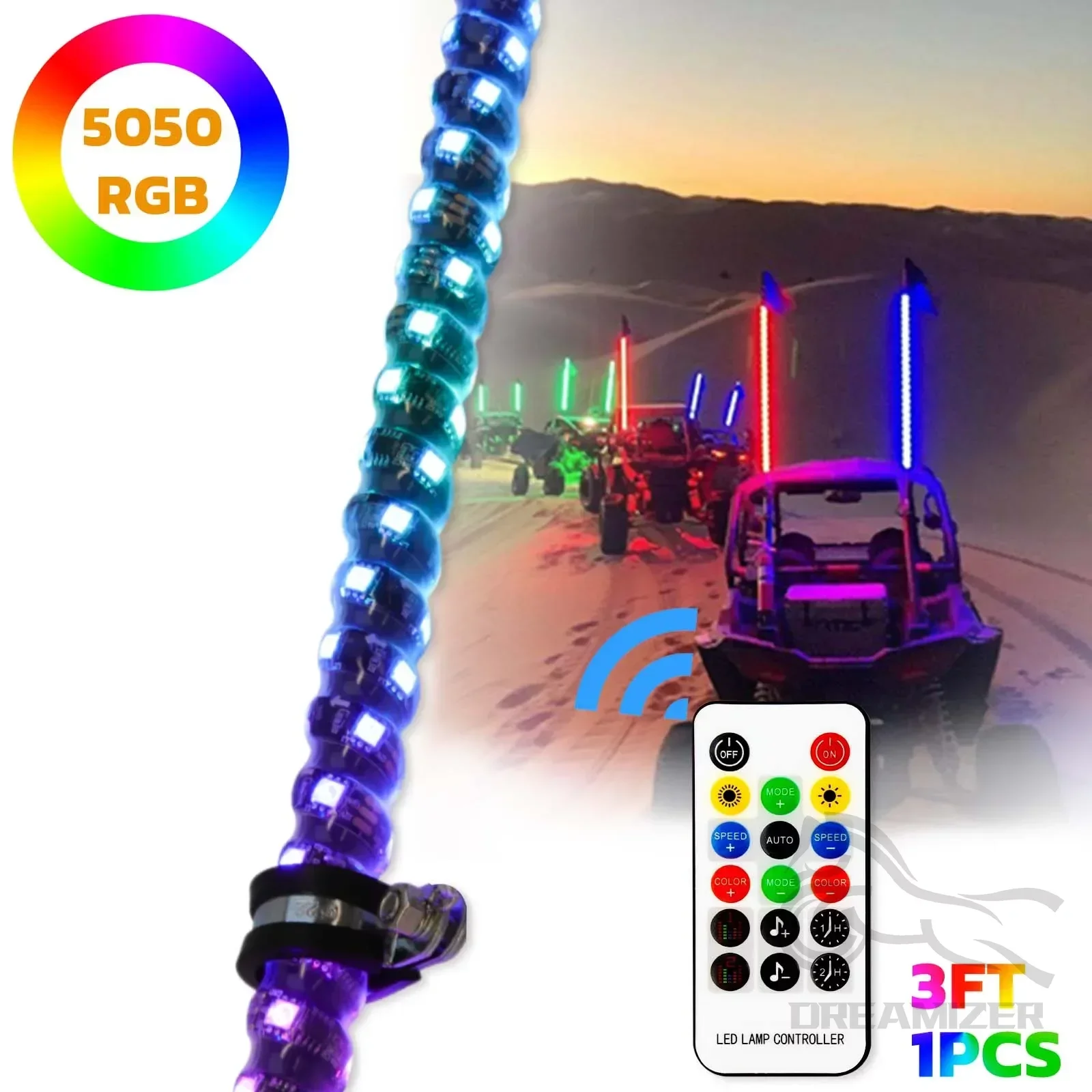 3FT LED Whips Light APP RF Music Control RGB For Off-Road Vehicle Auto ATV UTV RZR With Dancing/Chasing Light Antenna Light