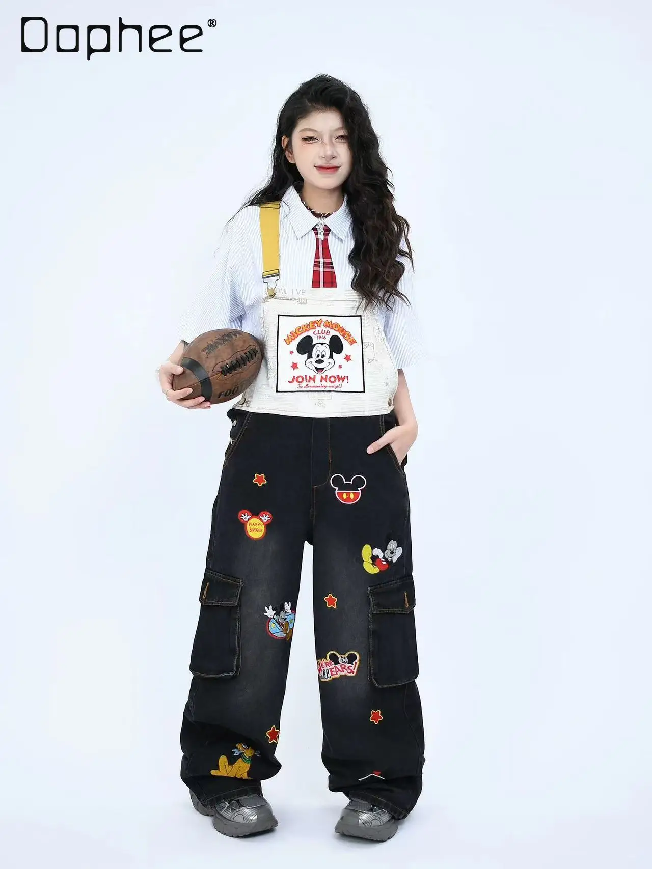 

American Vintage Fun Cartoon Embroidered Overalls Men's and Women's Loose Wide-leg Pants Suspenders Jumpsuit Cargo Pants Women