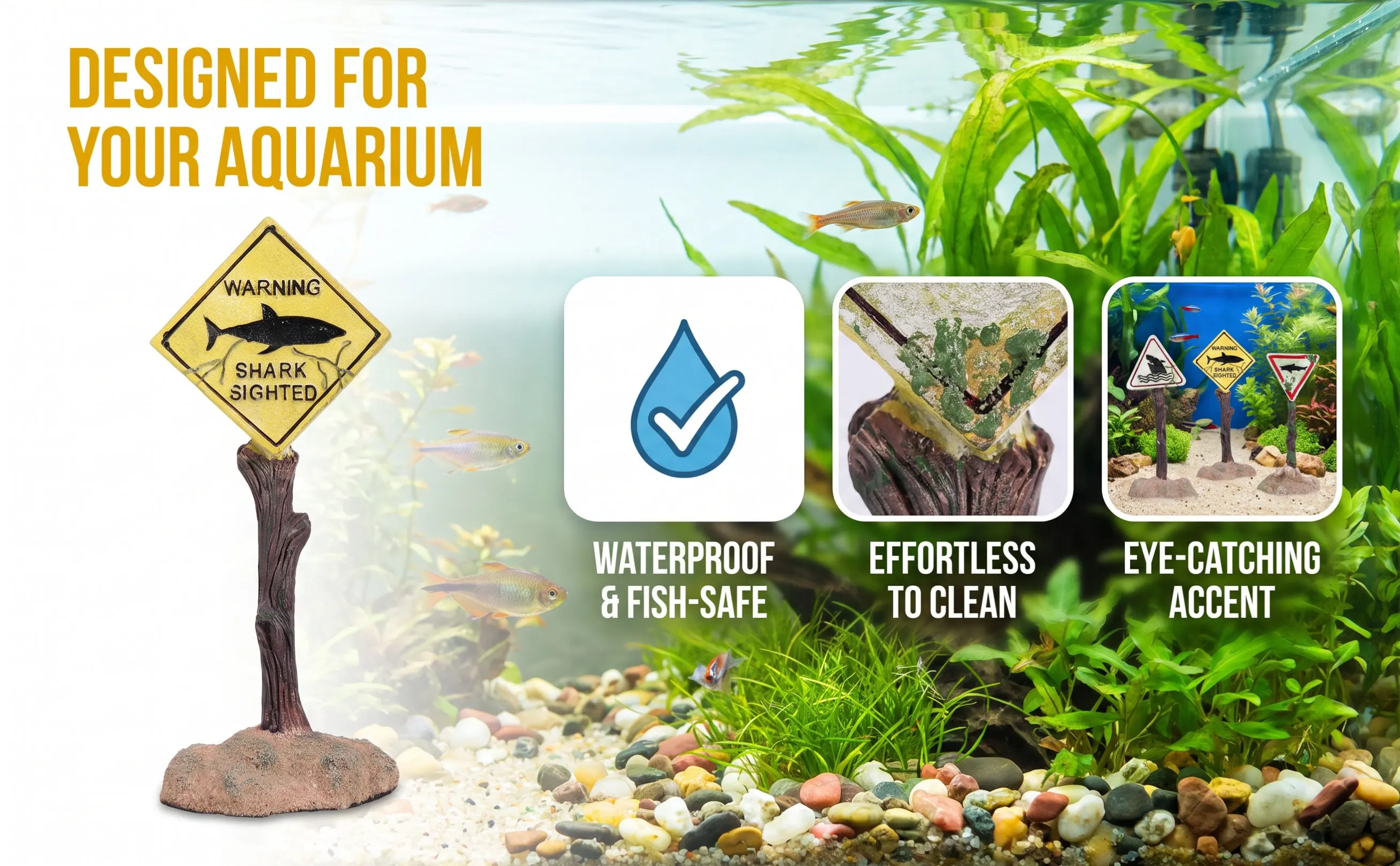 Cartoon Resin Aquarium Warning Sign Fish Tank Decoration Stylish Unique Landscape Ornament Easy to Clean Pe117 Shark
