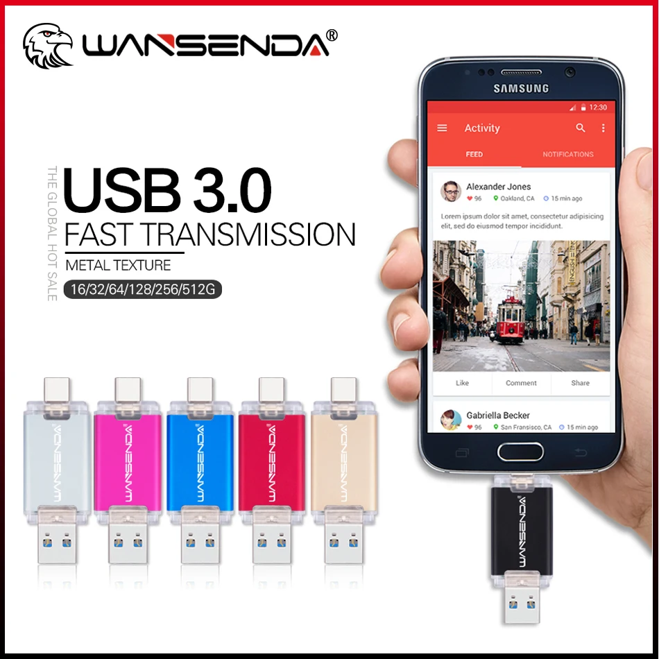 WANSENDA 2 in 1 TYPE-C USB 3.0 Flash drives 512GB 256GB 128GB 64GB 32GB Pen Drive for Android/PC External Storage Memory Stick