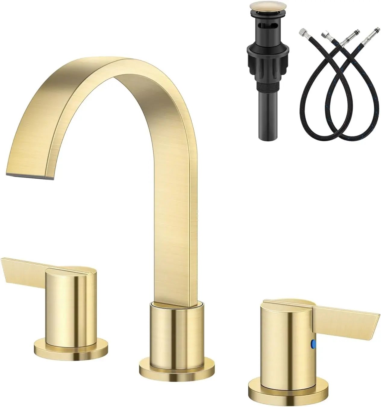 

3 Hole 8 Inch Widespread Bathroom Faucet with Waterfall Spout, Pop-Up Drain, Supply Hoses, Brushed Gold