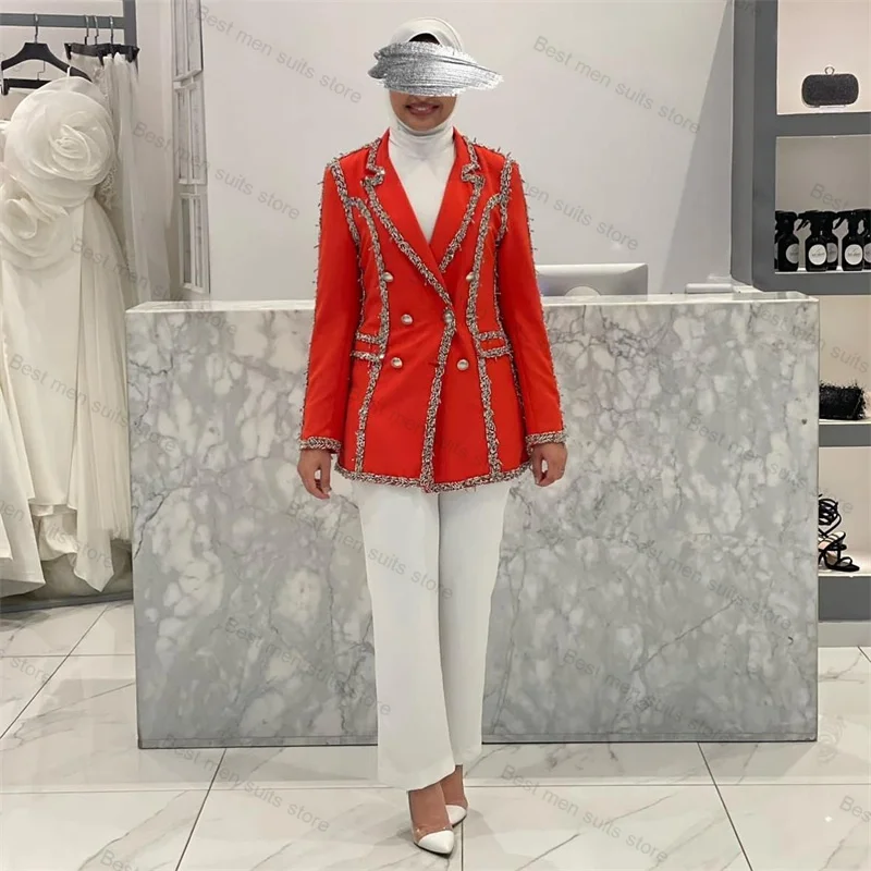 

Red Beaded Women Suits Set 2 Pieces Blazer+White Pants Flower Formal Wedding Prom Dress Jacket Coat Trousers Custom Made