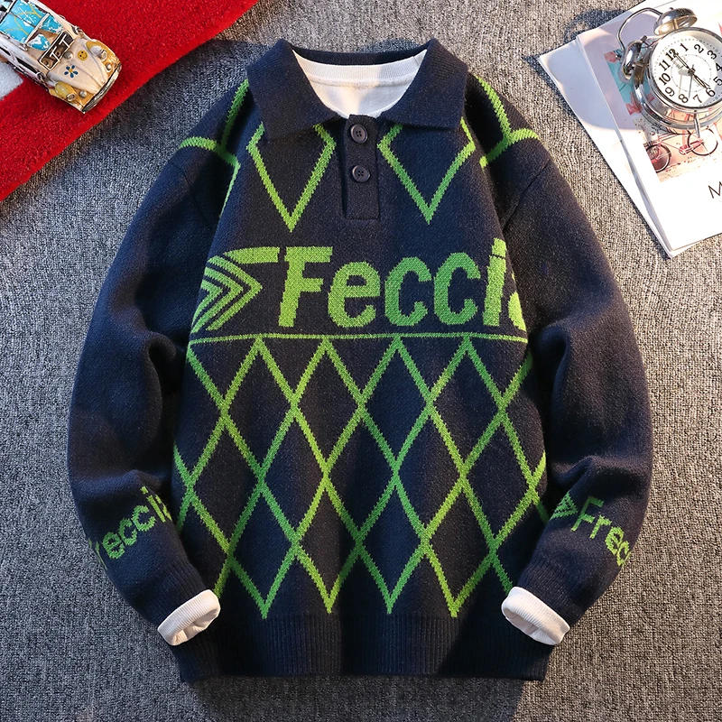 

Collar Letter Contrasting Warm Knit Sweater 2025 Fashion Color Blocking Warm Pullover Home Clothing