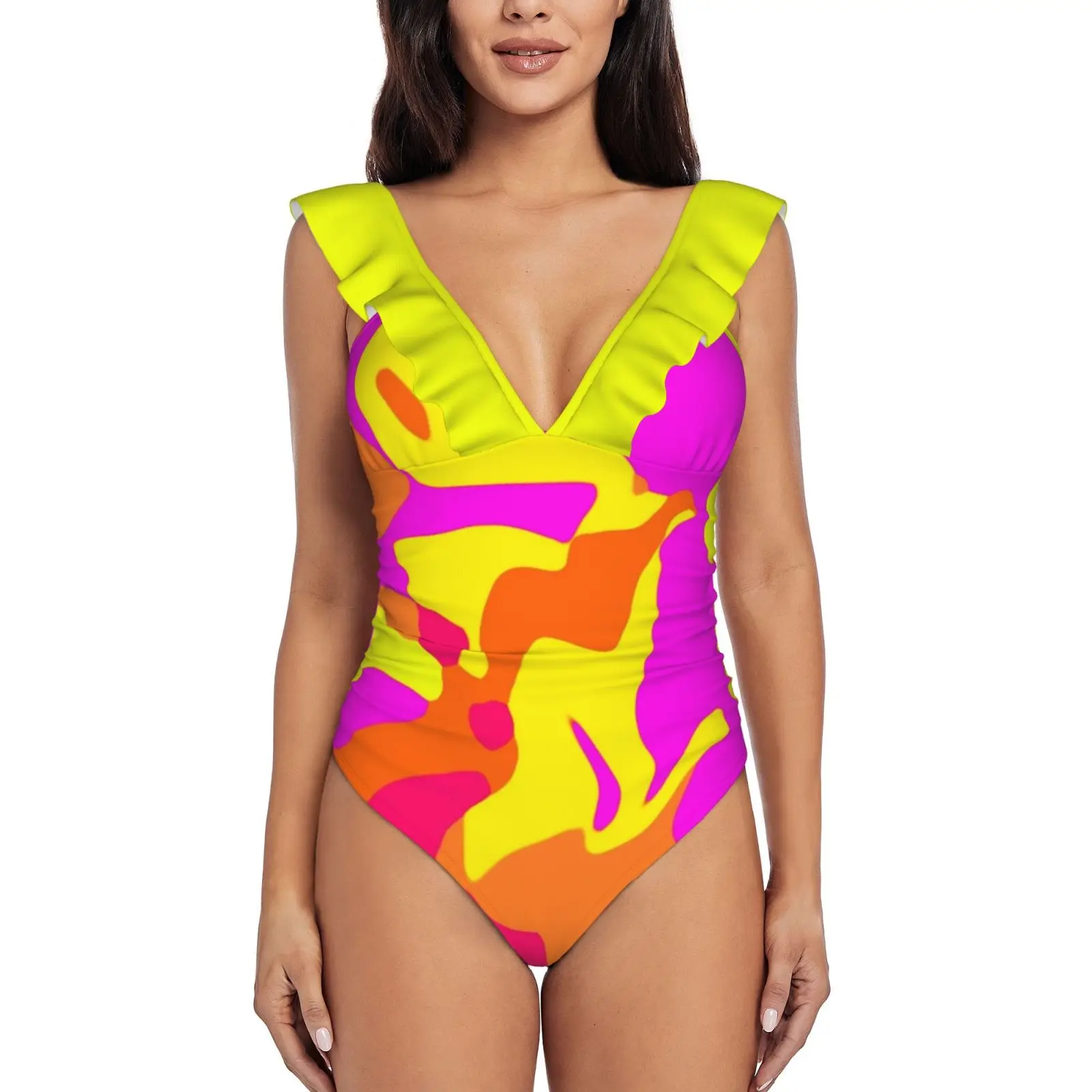 

Florida Camo With Bright Colors By Blackburn Ink Sexy One Piece Swimsuit Women Ruffled Swimwear Women Print Monokini Female