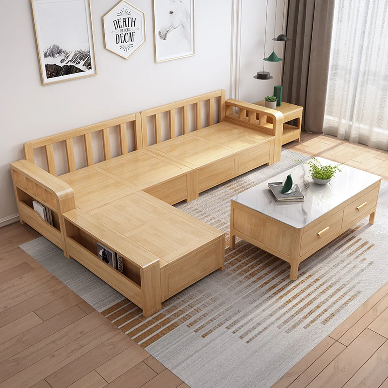 

Nordic solid wood sofa living room winter and summer dual-purpose corner log sofa, storage wooden cloth sofa