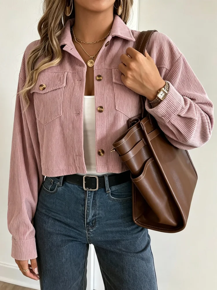 Autumn Winter New Versatile Women Corduroy Cropped Shacket Long Sleeve Flap Pocket Lapel Button Casual Outerwear Top