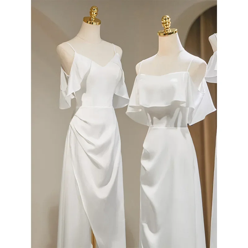 P32 White satin bridesmaid dress with strap