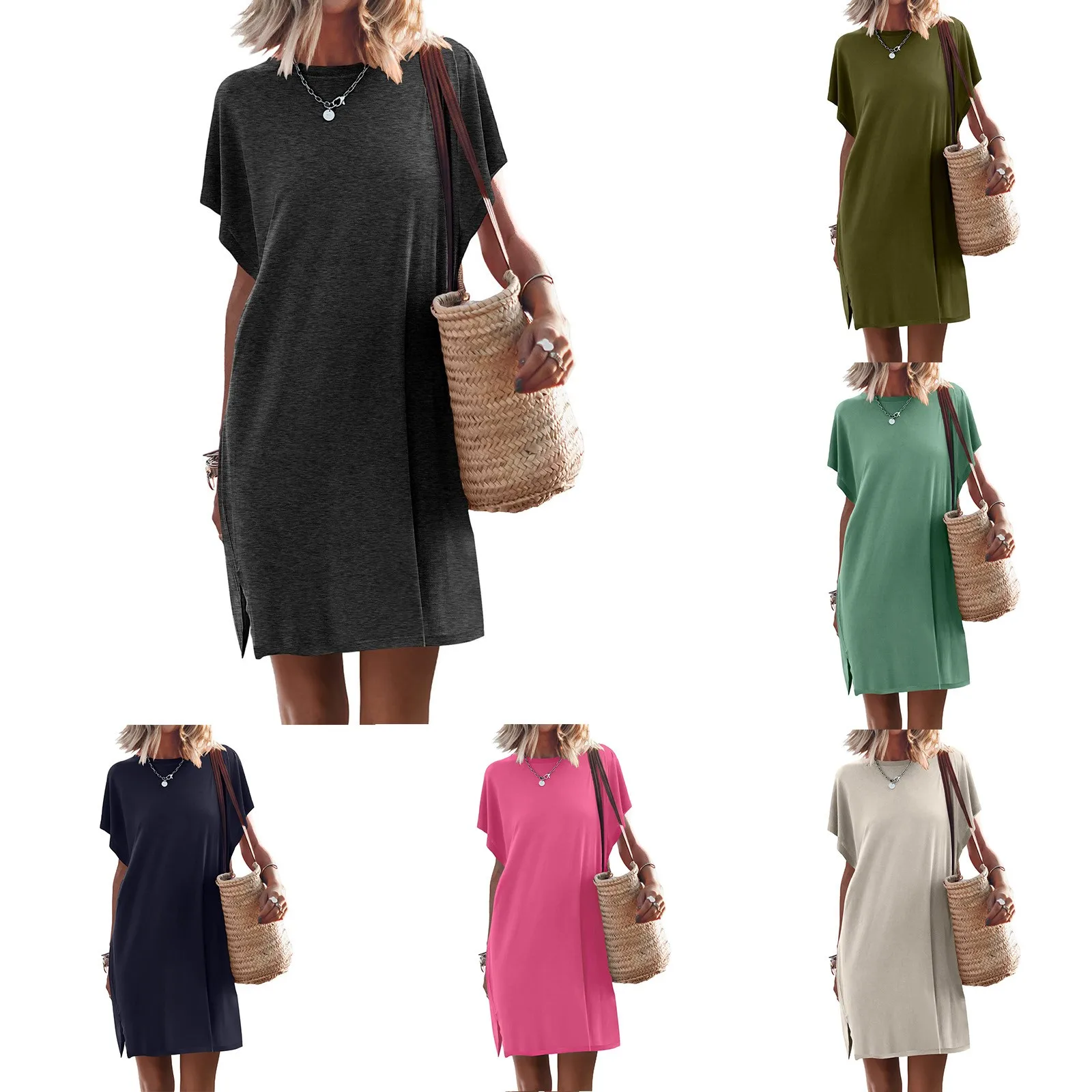 

Women's Summer Short Sleeve T Shirt Dress Casual Round Neck Slit Beach Mini Dress Simple Comfortable Solid Color Loose Dress