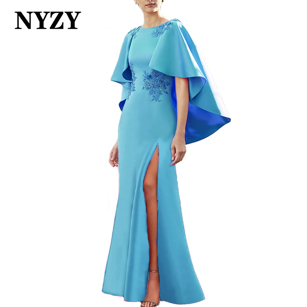 

NYZY M423 Customized 2025 Sky Blue Party Evening Gowns Lace Satin High Slit Cape Cloak Mother of the Bride Groom Dresses