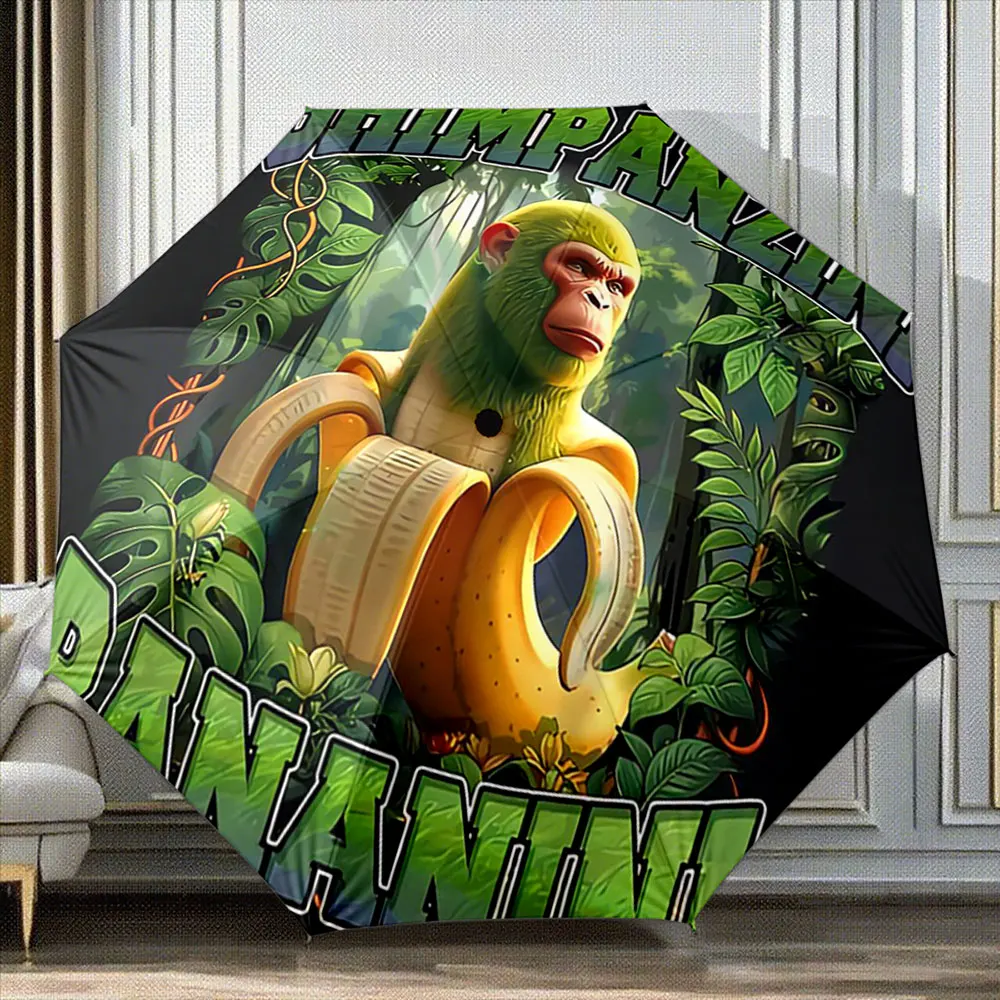 "Chimpanzee Banana Jungle Art Umbrella Design Print" ,Portable Folding Umbrella, Gift for Family Friends