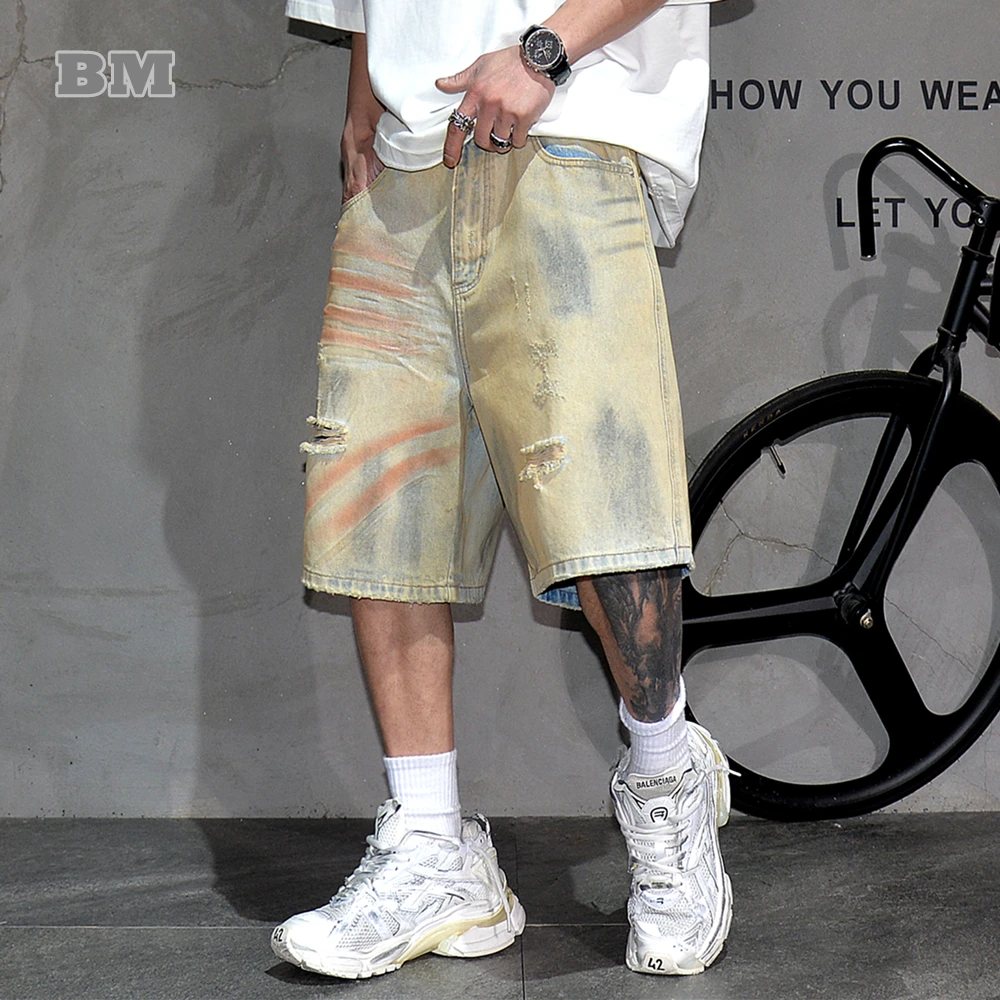 

Mens Summer Ripped Dirty Wash Denim Shorts 5 Inch Loose Vintage Casual Streetwear Hip Hop Jeans Korean Fashion Trendy Jorts Male