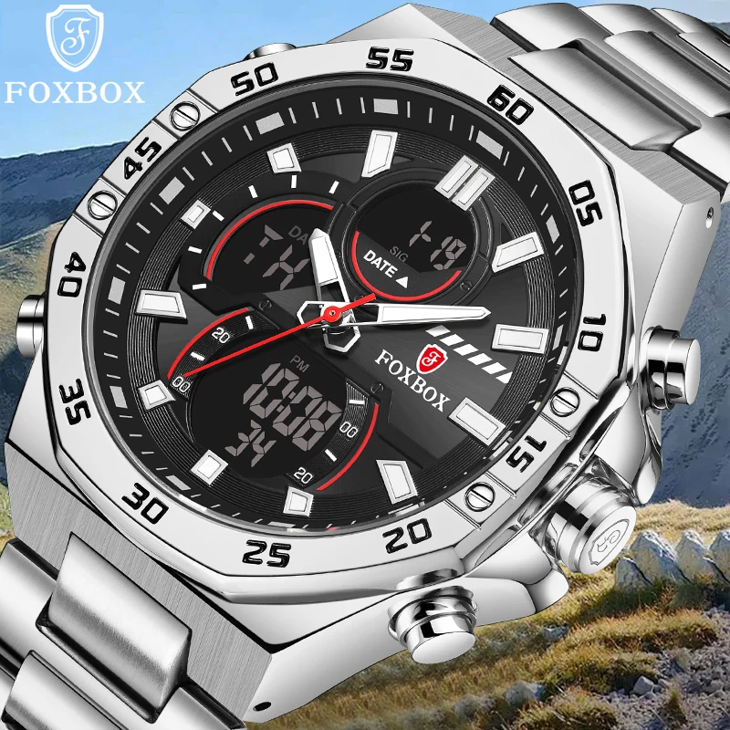 FOXBOX Luxury Dual Display Watch Men Fashion Full Steel Sport Military Men\'s Quartz Wristwatches Casual Waterproof Chronograph