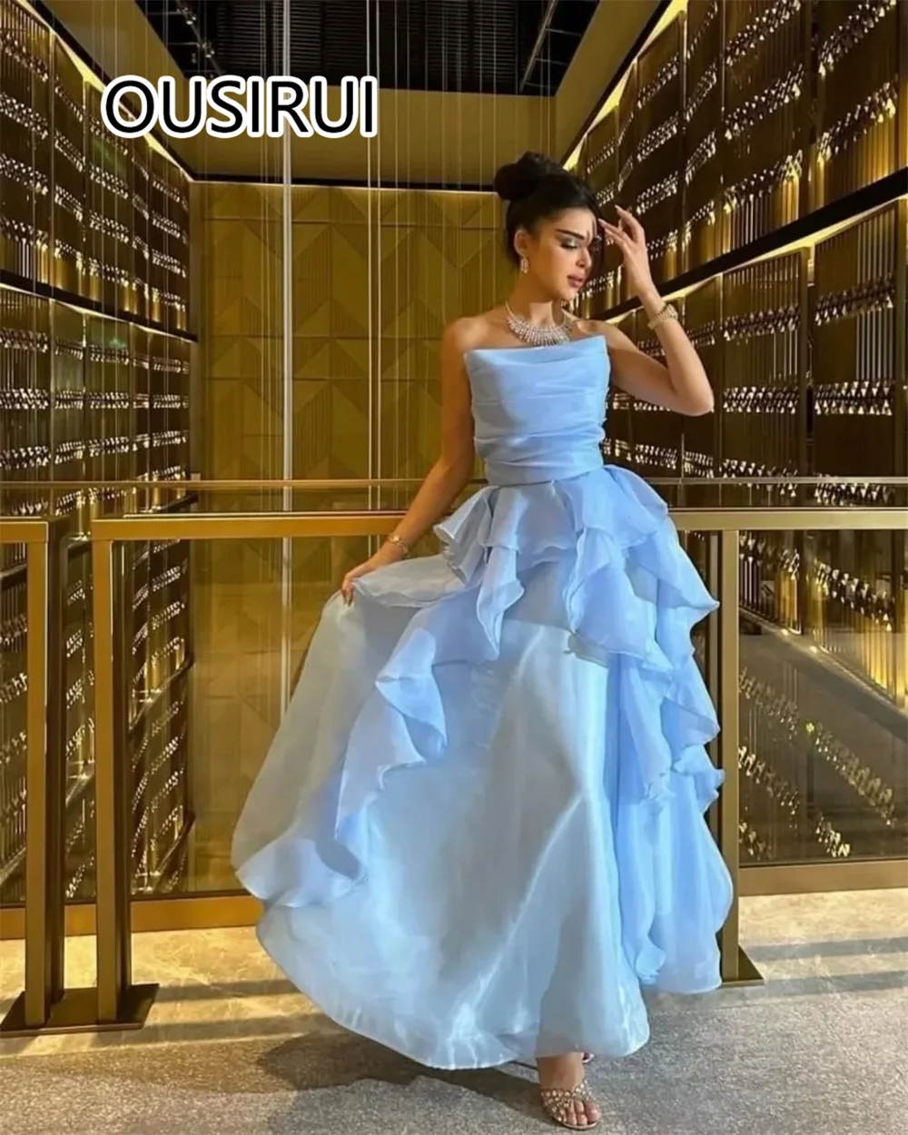 Custom Made Modest Strapless Organza A-line Flowing Women's Evening Gown Backless Ruffles Floor-Length Evening Bridal Dress