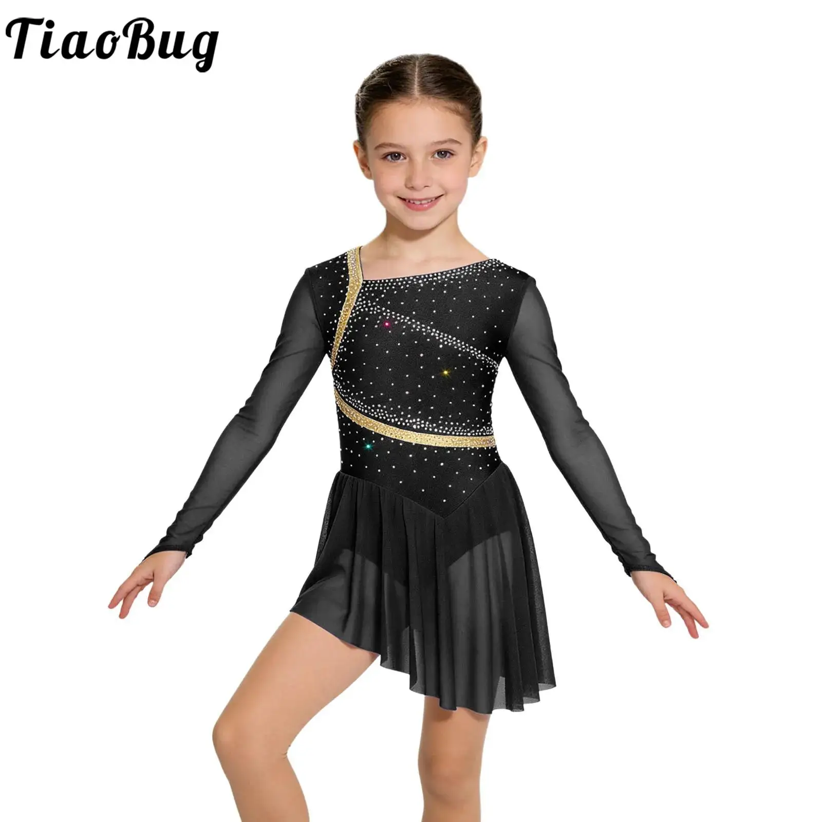 

Kids Girls Figure Skating Dance Dress Lyrical Ballet Modern Dancewear Mesh Long Sleeves Strappy Back Rhinestones Leotards Dress
