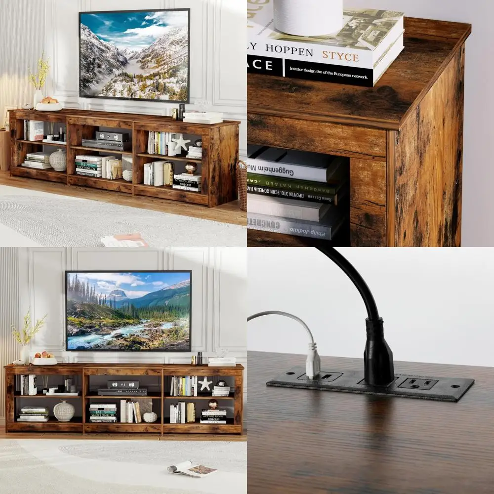 VOwner 75-Inch TV Stand with Power Outlet, 6-Tier Open Shelving and Media Storage Entertainment Center
