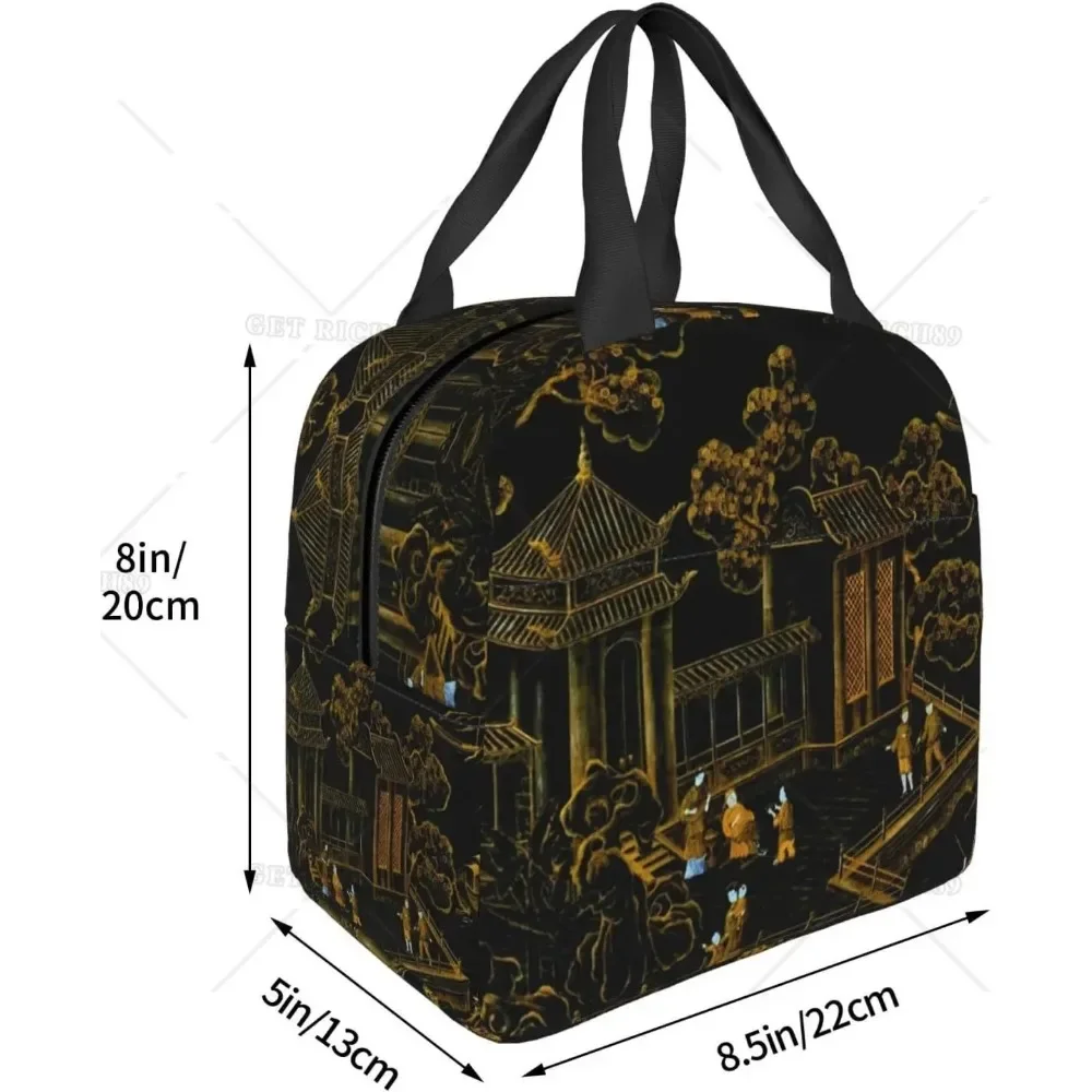 Lunch Bag Isolado para Mulheres e Homens, Tote Cooler, Tote Cooler, Preto e Dourado, Pagode de Seda Oriental, Reutilizável, Ao Ar Livre