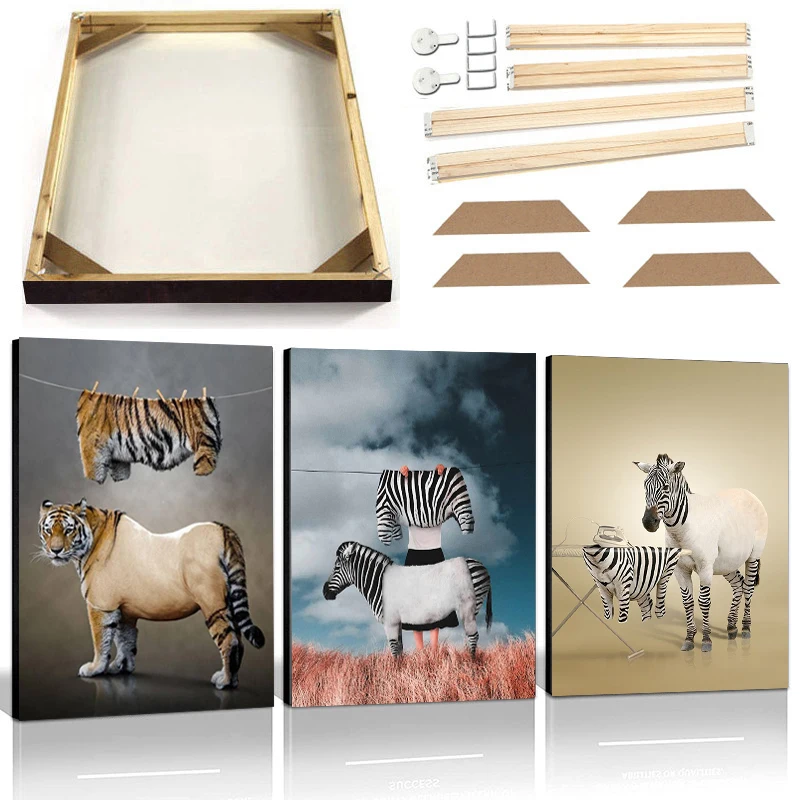 

Funny Zebra Tiger Giraffe Poster Prints with Frame Creative Animal Wall Art Canvas Painting Abstract Picture for Living Room