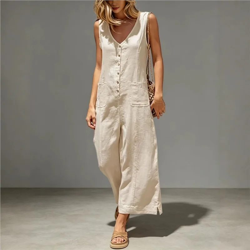 Fashion Women's Jumpsuits V-neck Sleevess Single-breasted Pocket Wide Legs Pants 2026 Summer Casual Resort Female Rompers Pants