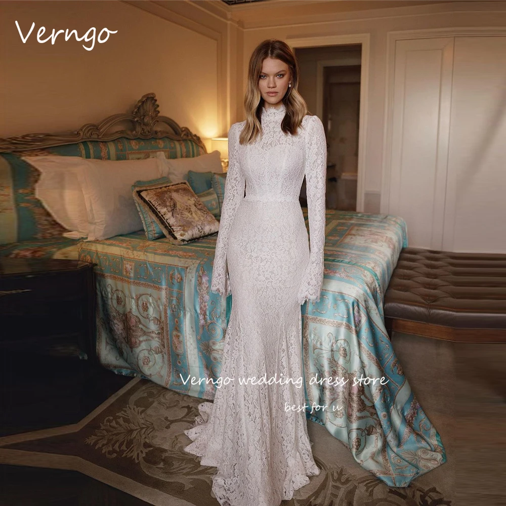 Verngo Modest Full Lace Mermaid Wedding Dresses Long Sleeves High Neck Elegant Bridal Gowns Floor Length Robe de mariage