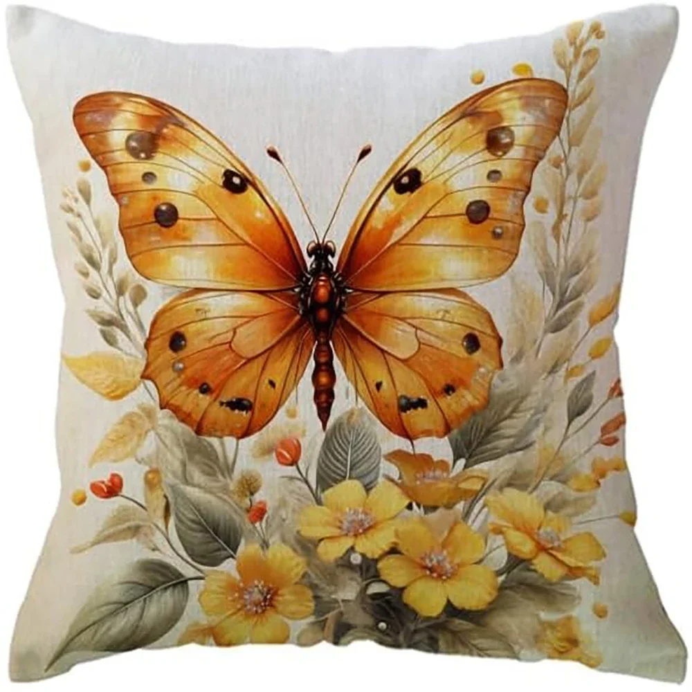 Orange Butterfly and Golden Chrysanthemum Pastoral Style Pillowcase Bedroom Sofa Decorative Cushion Cover with Zipper