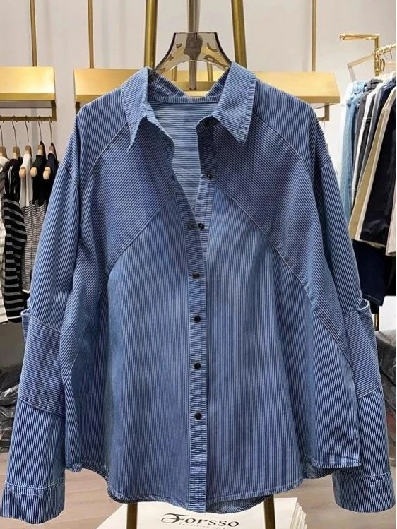 

plus Size Women's Casual Loose Fit Shirt with Hollow out Sleeves Striped Turn-down Collar Autumn Fashion 300 Pounds Capacity