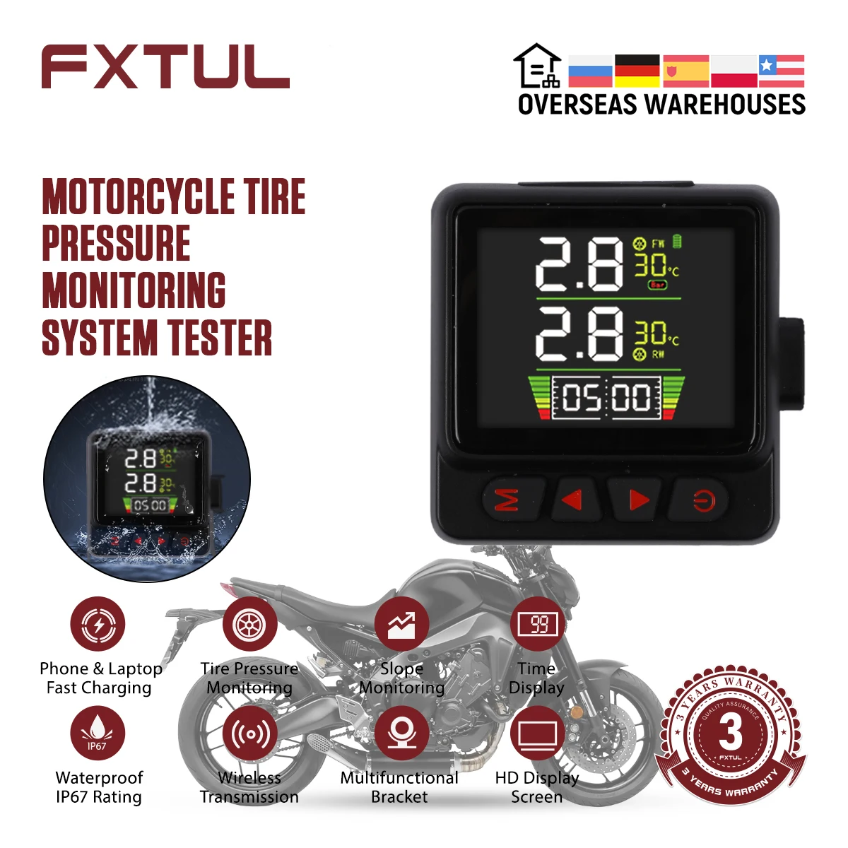 FXTUL Motorcycle Tire Pressure Tester Monitoring System TPMS Tyre Tester Waterproof Digital Display Detector Diagnostic Tool