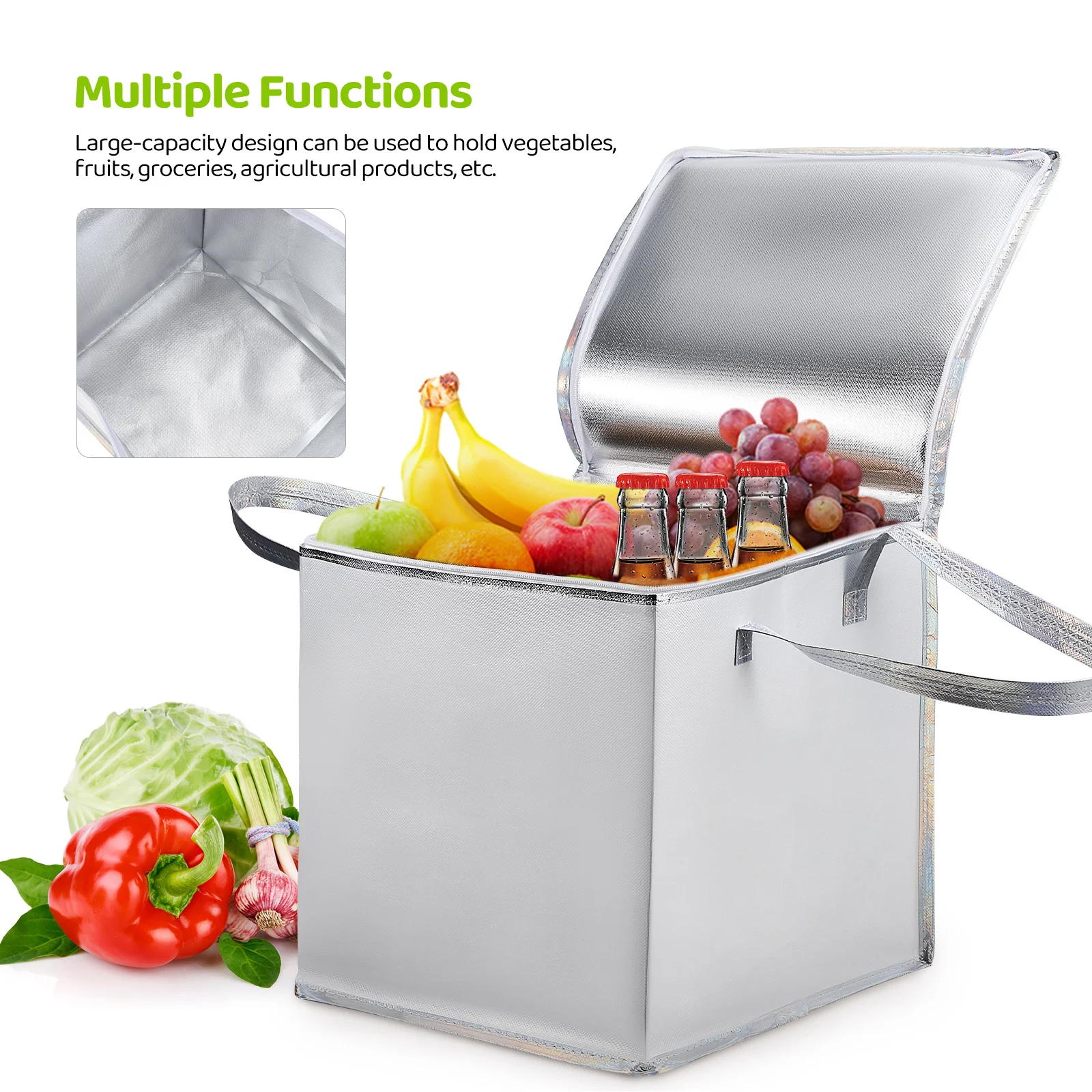 

Large Insulated Shopping Bag Grey White Reusable Thermal Food Cooler Bag For Grocery Delivery Picnic Camping Vegetables Fruits
