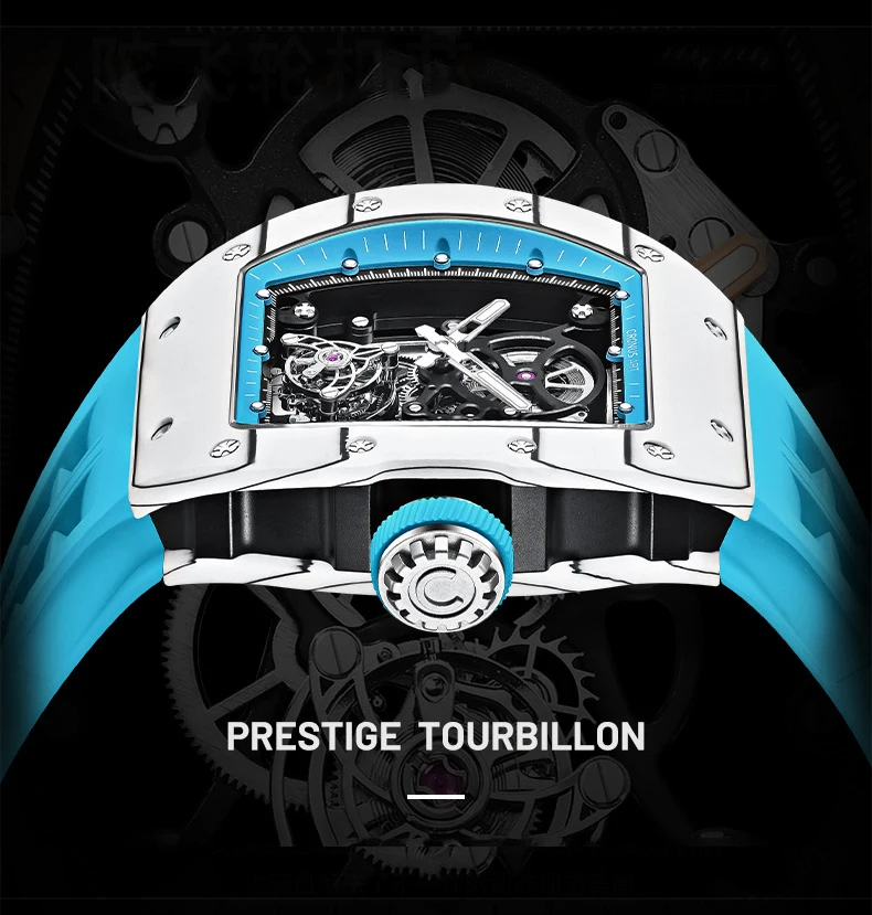 CRONUSART Men Tourbillon Watch Tonneau Carbon Fiber Case Mechanical Wristwatch Fluororubber Strap Luminous Limited Version