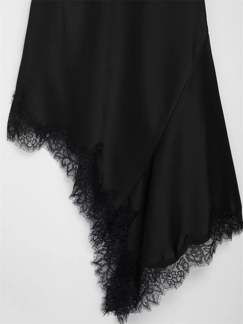 2025 nouvelle robe d'été pour femmes noir jarretelle soie Satin dentelle robe irrégulière Sexy et élégante personnalité mode