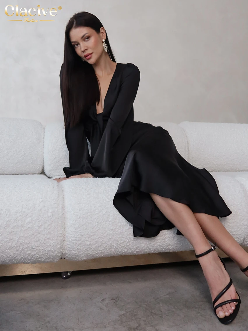 Clacive セクシーなルーズブラックサテンの女性のドレスファッション V ネック長袖足首丈ドレスエレガントなクラシック固体女性のドレス