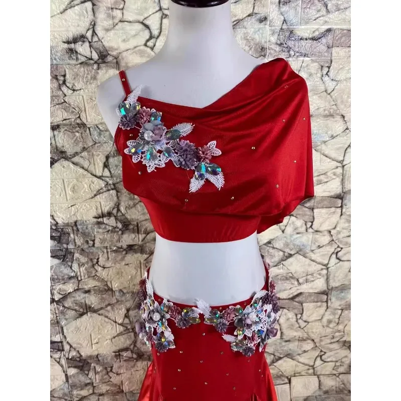 Customized Belly Dance Costumes Red Ruffle Top Bag Big Swing Skirt Performance Dress Set Eastern Dance Super Flash Dress