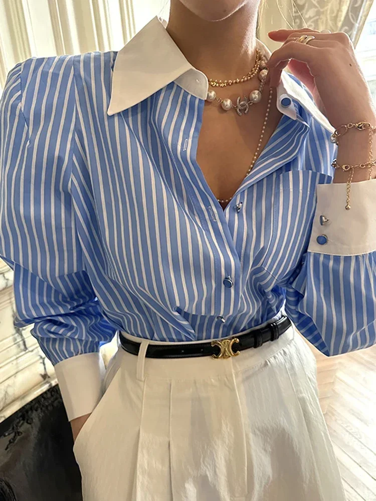

Zoki Elegant Women Shirts Korean Striped Red Fashion Turn Down Collar Office Ladies Tops Long Sleeve Causal Female Blouse