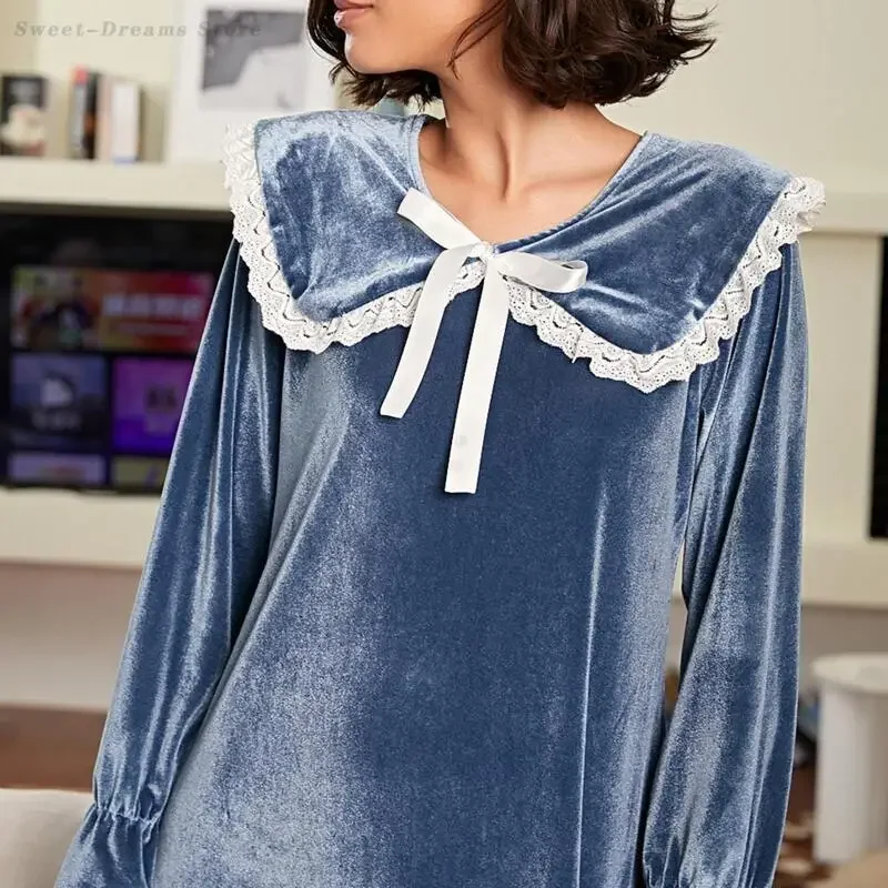 

Velour Sweet Lace Doll Neck Nightdress Sleepwear Autumn Winter Female Long Nightgown Thick Warm Nightwear Homewear Loung Wear