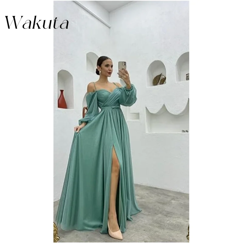 Wakuta-elegante vestido de dama de honra fora do ombro, camisola manga comprida, fenda esparguete fashion, plissada, casamento, aniversário, 2024