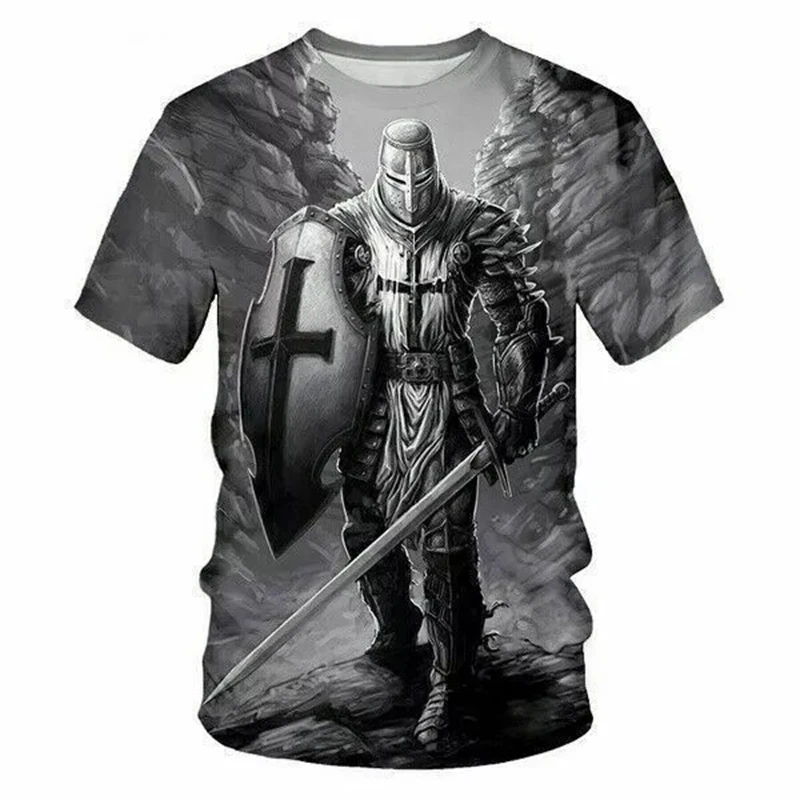 Knights Templar T-shirt Men\'s 3D Printing Cross Round Neck Short Sleeve T Shirts Harajuku Personality Cool Breathable Tee Top