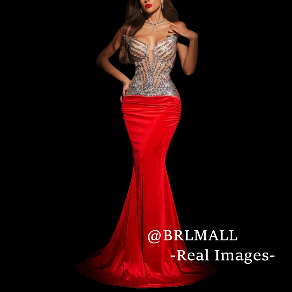 Strapless Velvet Prom Dress Women Silver Beaded Sheath Formal Evening Dresses Real Photos BRLMALL Party Gown Wedding Guest Dress