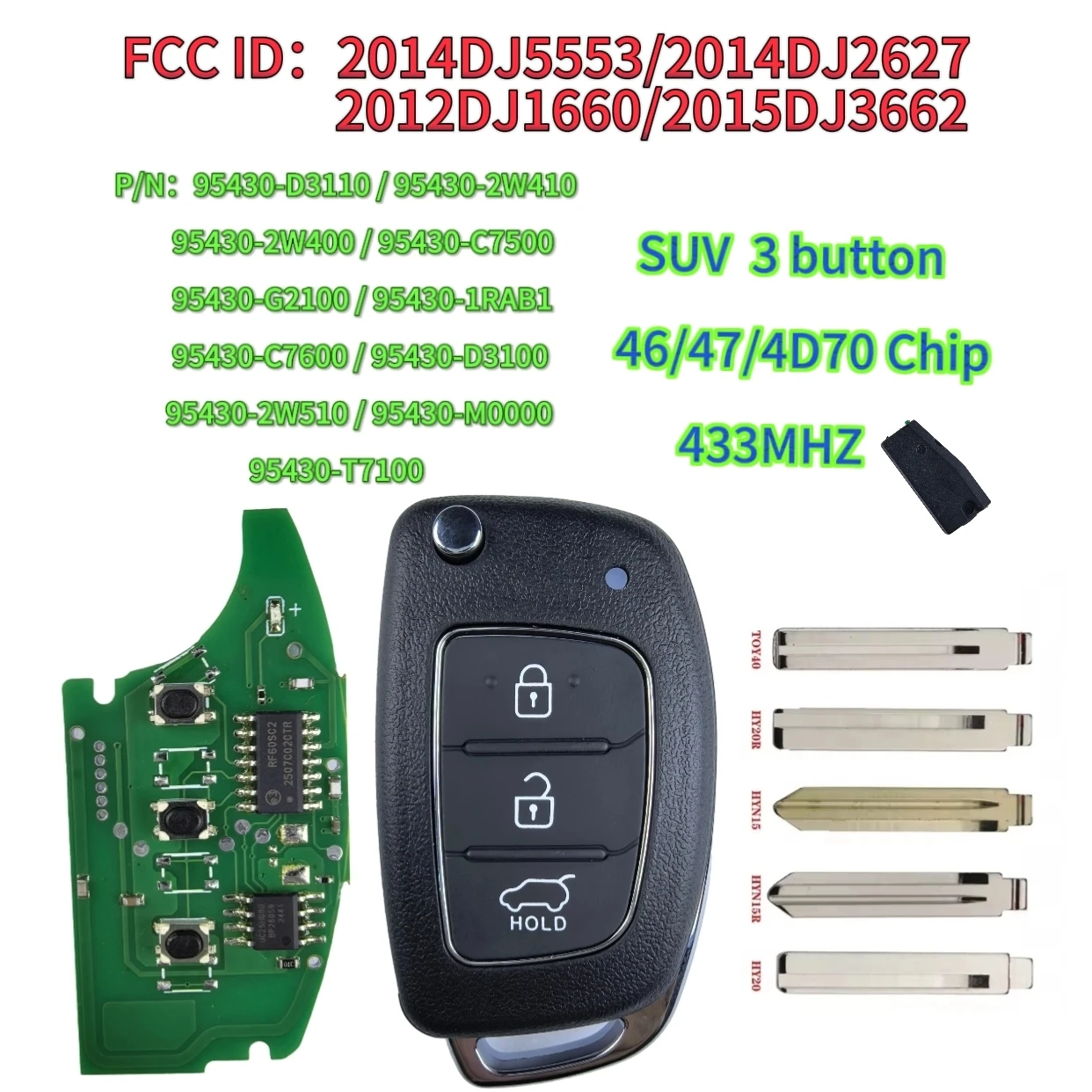 433MHZ ID46/47/70chip 95430-D3100/2W410/2W400/C7500/G2100/1RAB1/C7600/D3100/2W510/M0000/T7100 Para Hyundai i20 2015-2021 Chave do carro