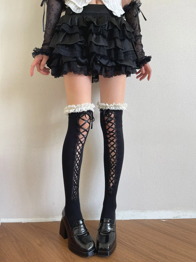 Japanese Subculture Y2K Hot Girl Ballet Style Socks Lace-up Wool Lace Lolita Over-the-knee Stockings For Women's Kawaii Hosiery