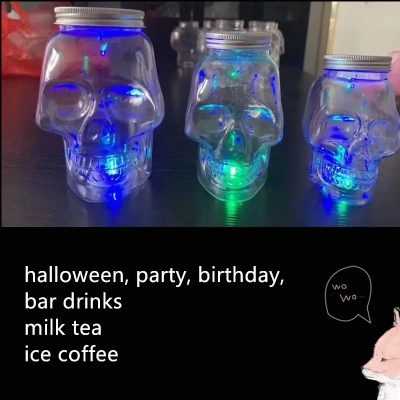 

10pcs 800ml 500ml skull head plastic bottle creative big mouth aluminum cap cold drink juice beverage creative milk tea cups