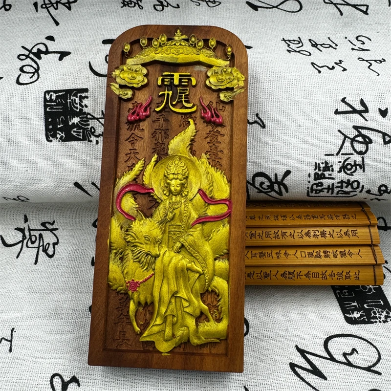 Taoism,handmade coloring,nine tailed fox token,finely carved natural wooden nine tailed fox goddess token,feng shui token