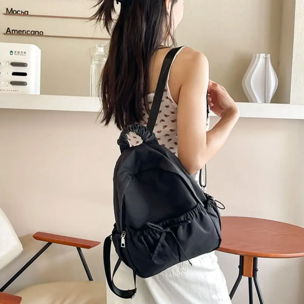 Casual Handbag Bow Backpack Solid Color Wrinkle Nylon Backpack Large Capacity School Bag Shoulders Bag Women