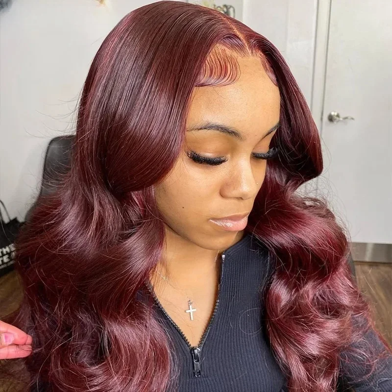 بورجوندي 99j طويل 26 بوصة طبيعي ناعم 180 الكثافة غلويليس الاصطناعية الجسم موجة الدانتيل شعر مستعار أمامي للنساء Babyhair PrePlucked #4