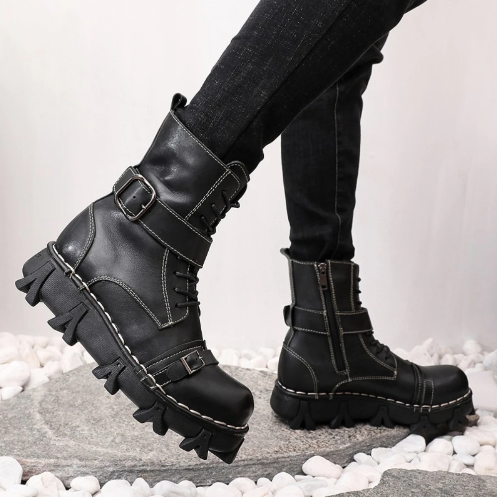 Fashion Men's Genuine Leather Motorcycle Boots Goth Punk Winter Western Cowboy Boots Buckle Strap Mid-calf Combat Boots Platform