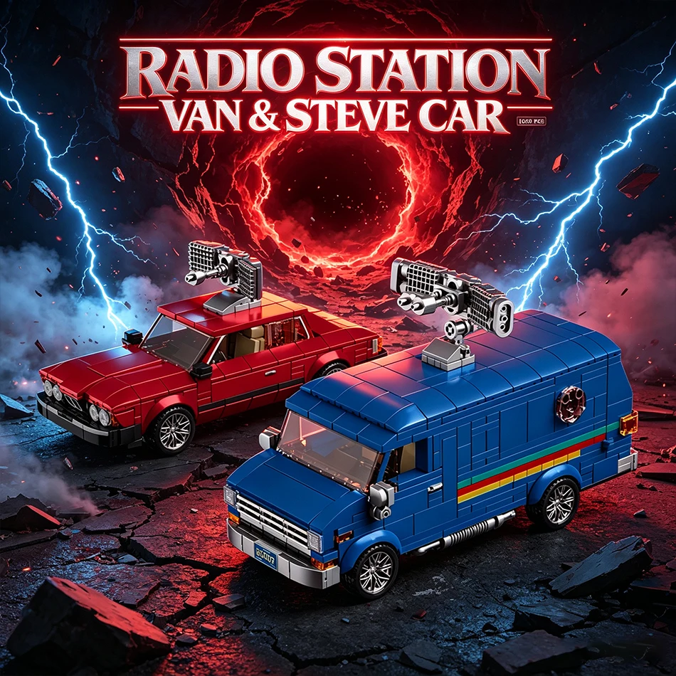 1:32 Scale City Vintage 80s pop-up Radio Station GMC Van Model Building Blocks Set Strangered Steve Car Vehicle Bricks Toys Gift view 2