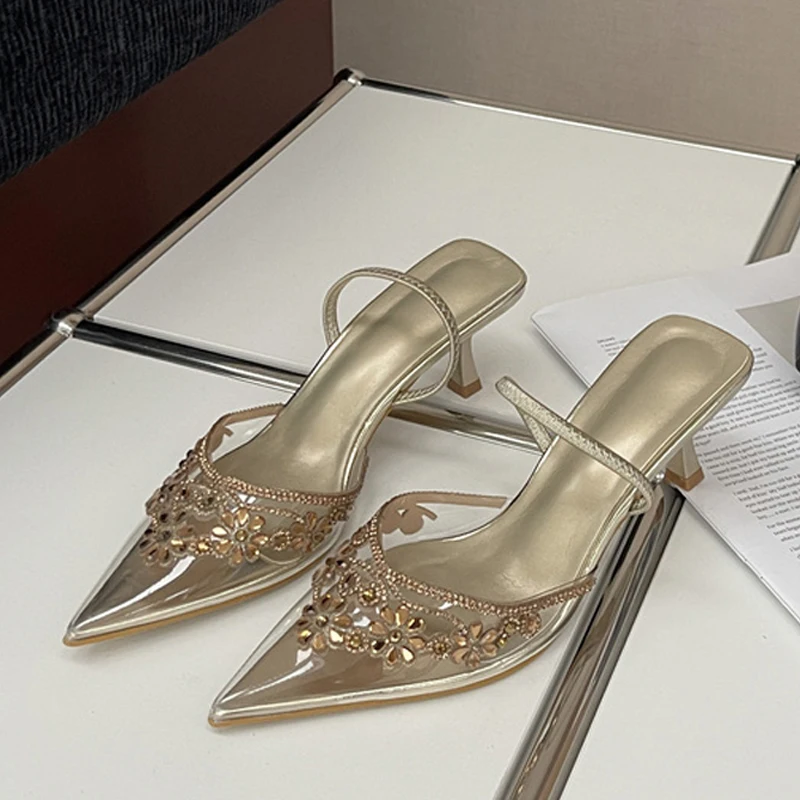 

Женские туфли Liyke 2026: дизайнерские прозрачные босоножки на низком каблуке с цветами из страз, модные туфли-лодочки на тонком каблуке для женщин