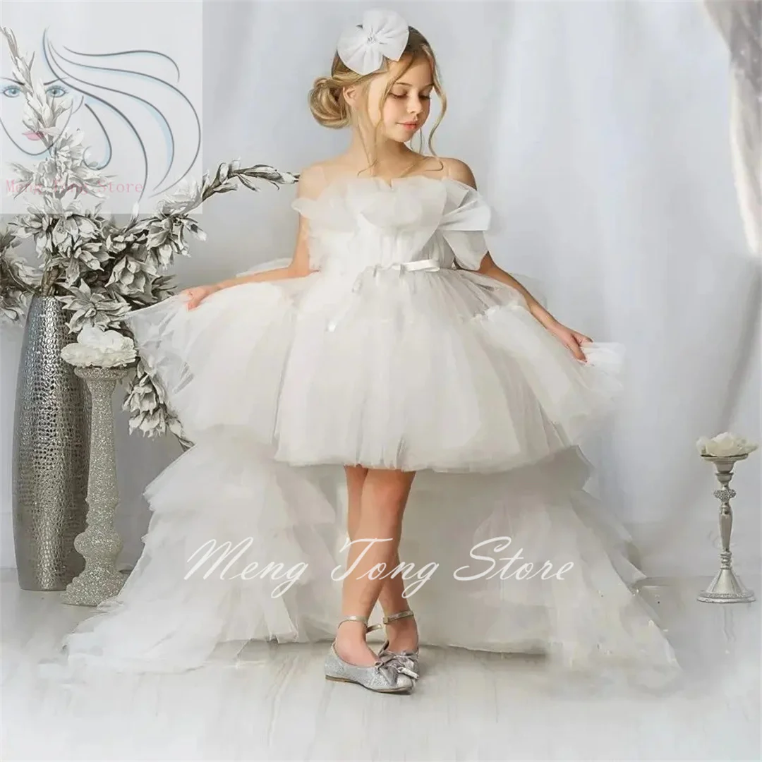 

Layered Princess Flower Girl Dresses For Wedding Ivory Tiered Puffy Tulle Bow with Detachable Train Kids First Communion Gowns