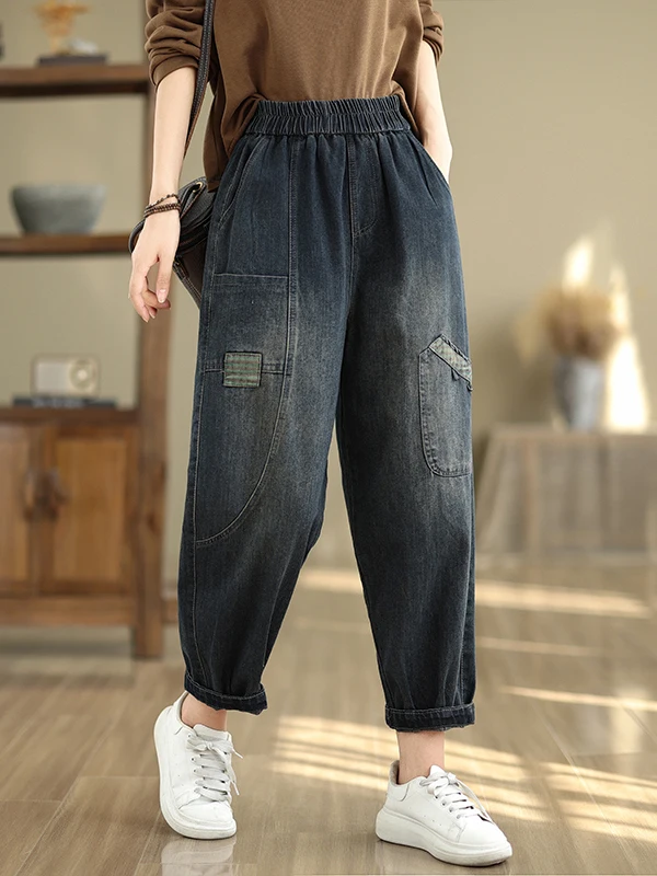 

plus Size Women's Casual Loose Fit Denim Harlan Pants Elastic Waist Patchwork Spring Autumn Blue Cotton Polyester Blend