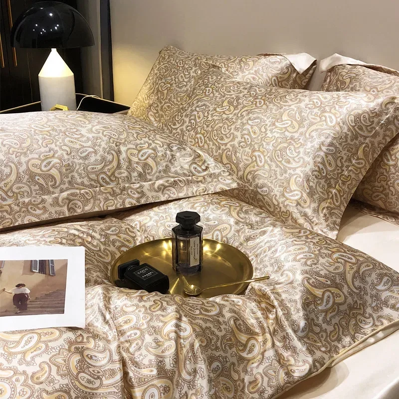 High-end Natural Mulberry Silky Blending Duvet Cover Set with Sheets Satin Blending Silky Bedding Set Luxury Queen Bedding Sets